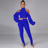 Sexy Backless Halter Lantern Sleeve Split Pants 2 Piece Sets TE-4338