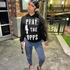 Black Letter Printed Hooded Casual Hoodie Top QZX-6234