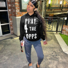 Black Letter Printed Hooded Casual Hoodie Top QZX-6234