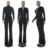Solid Velvet Long Sleeve Coat+Flared Pants 2 Piece Sets TR-1182