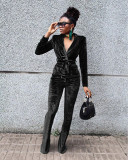 Solid Velvet Long Sleeve Coat+Flared Pants 2 Piece Sets TR-1182