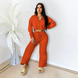 Solid Long Sleeve Zipper Loose Two Piece Pants Set DDF-88128