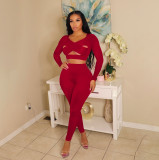 Sexy Solid Hollow Out Long Sleeve Slim 2 Piece Sets YIBF-6115