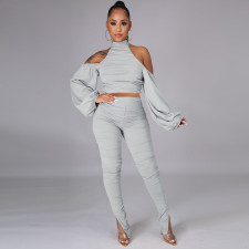 Sexy Backless Halter Lantern Sleeve Split Pants 2 Piece Sets TE-4338