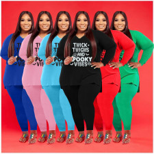 Plus Size Letter Print V Neck Long Sleeve 2 Piece Suits WAF-77279