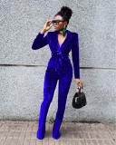 Solid Velvet Long Sleeve Coat+Flared Pants 2 Piece Sets TR-1182