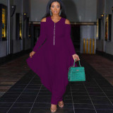 Solid Cold Shoulder Long Sleeve Harem Jumpsuit MXDF-6057