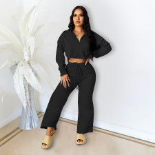 Solid Long Sleeve Zipper Loose Two Piece Pants Set DDF-88128