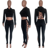 Solid Hollow Out Hoodie And Pants Two Piece Suits HMS-5496