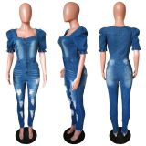 Plus Size Denim Ripped Hole Puff Sleeve Jumpsuit LX-6904