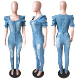 Plus Size Denim Ripped Hole Puff Sleeve Jumpsuit LX-6904
