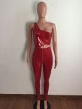 PU Leather One Shoulder Irregular Top And Pants Set LA-3296