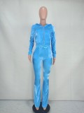 Solid Velvet Hooded Long Sleeve Flare Pants 2 Piece Sets YD-8527