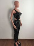 PU Leather One Shoulder Irregular Top And Pants Set LA-3296