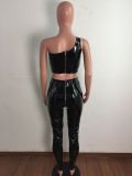 PU Leather One Shoulder Irregular Top And Pants Set LA-3296