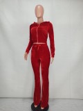 Solid Velvet Hooded Long Sleeve Flare Pants 2 Piece Sets YD-8527
