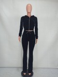 Solid Velvet Hooded Long Sleeve Flare Pants 2 Piece Sets YD-8527