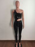 PU Leather One Shoulder Irregular Top And Pants Set LA-3296