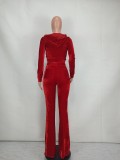 Solid Velvet Hooded Long Sleeve Flare Pants 2 Piece Sets YD-8527
