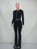 Solid Velvet Hooded Long Sleeve Flare Pants 2 Piece Sets YD-8527