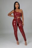 PU Leather One Shoulder Irregular Top And Pants Set LA-3296
