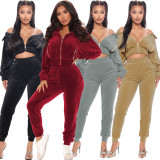 Solid Velvet Long Sleeve Zipper Two Piece Pants Set WY-6844