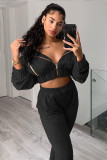 Solid Velvet Long Sleeve Zipper Two Piece Pants Set WY-6844