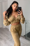 Solid Velvet Long Sleeve Zipper Two Piece Pants Set WY-6844