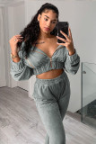 Solid Velvet Long Sleeve Zipper Two Piece Pants Set WY-6844