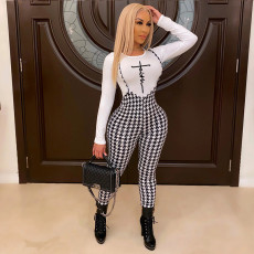 Letter Long Sleeve Top+Houndstooth Strap Jumpsuit 2 Piece Sets ORY-5210