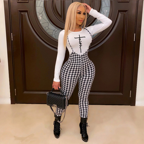 Letter Long Sleeve Top+Houndstooth Strap Jumpsuit 2 Piece Sets ORY-5210