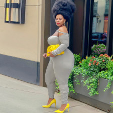 Plus Size Solid Off Shoulder Long Sleeve Jumpsuit (Without Belt) ONY-5107