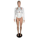 Plus Size White Halter Slim Waist Long Sleeve Top MK-3064