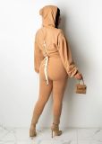 Solid Hooded Lace Up Casual Two Piece Pants Set SFY-2143