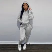 Casual Solid Fleece Hoodie 2 Piece Pants Set FSL-F175