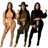 Solid Hooded Lace Up Casual Two Piece Pants Set SFY-2143