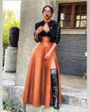Black PU Leather High Split Maxi Skirt OLYF-6075