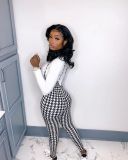 Letter Long Sleeve Top+Houndstooth Strap Jumpsuit 2 Piece Sets ORY-5210