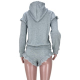 Solid Ruffle Hoodie And Shorts Two Piece Sets MDF-5264
