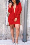 Plus Size Solid Deep V Neck Long Sleeve Mini Dress MK-3062