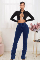Denim Mid-Waist Pile Jeans Pants LX-3518