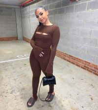 Sexy Solid Hollow Out Long Sleeve Split Leg Jumpsuit JPF-1055