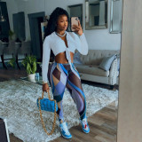 Solid Long SleeveTie-Up Top+Printed Pants 2 Piece Sets NM-8381