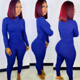 Solid Ribbed Long Sleeve Two Piece Pants Set IV-8256