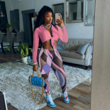 Solid Long SleeveTie-Up Top+Printed Pants 2 Piece Sets NM-8381