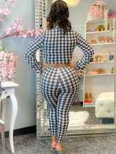 Houndstooth Print Tie Up Long Sleeve 2 Piece Pants Set MEI-9209