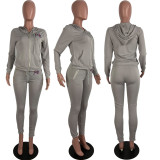 Pink Letter Embroidery Zipper Hoodies 2 Piece Pants Set LUO-3115