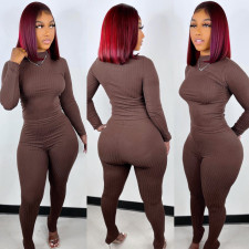 Solid Ribbed Long Sleeve Two Piece Pants Set IV-8256