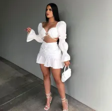 Sexy Solid Ruched Long Sleeve Crop Top Mini Skirt 2 Piece Sets AL-267