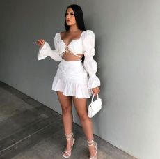 Sexy Solid Ruched Long Sleeve Crop Top Mini Skirt 2 Piece Sets AL-267